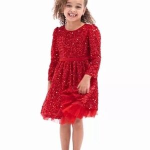 Rare Editions Girls Red Long Sleeve All-Over Sequin Back Bow Social Dress size 2